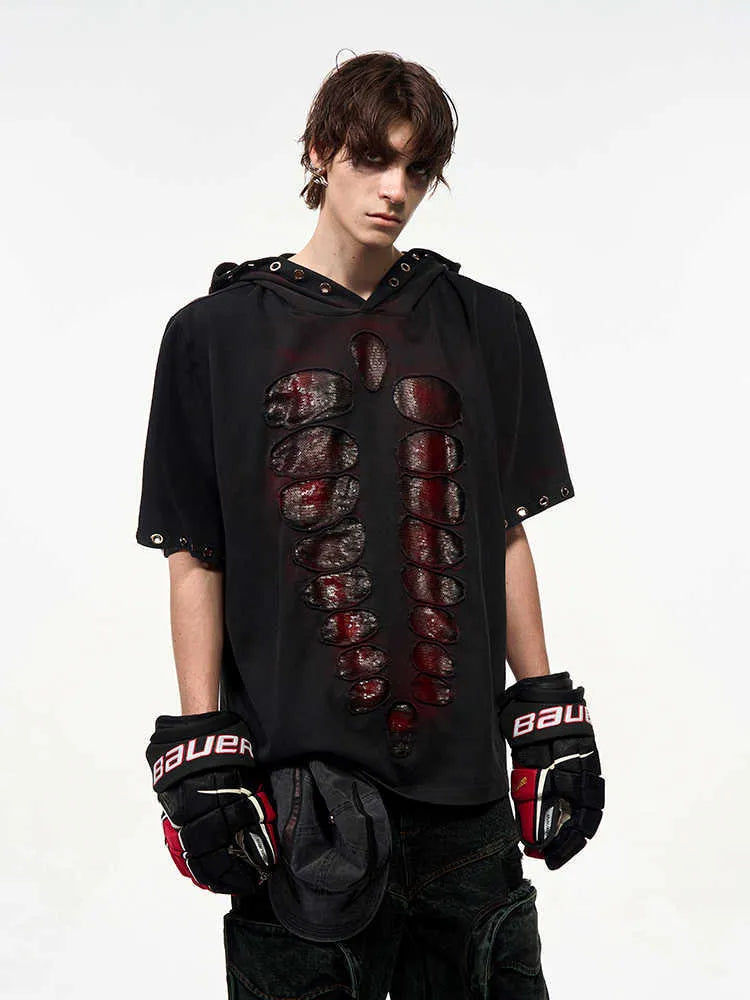 Black men's loose-fit T-shirt with short sleeves, a hood, and sequin graphic detail.
