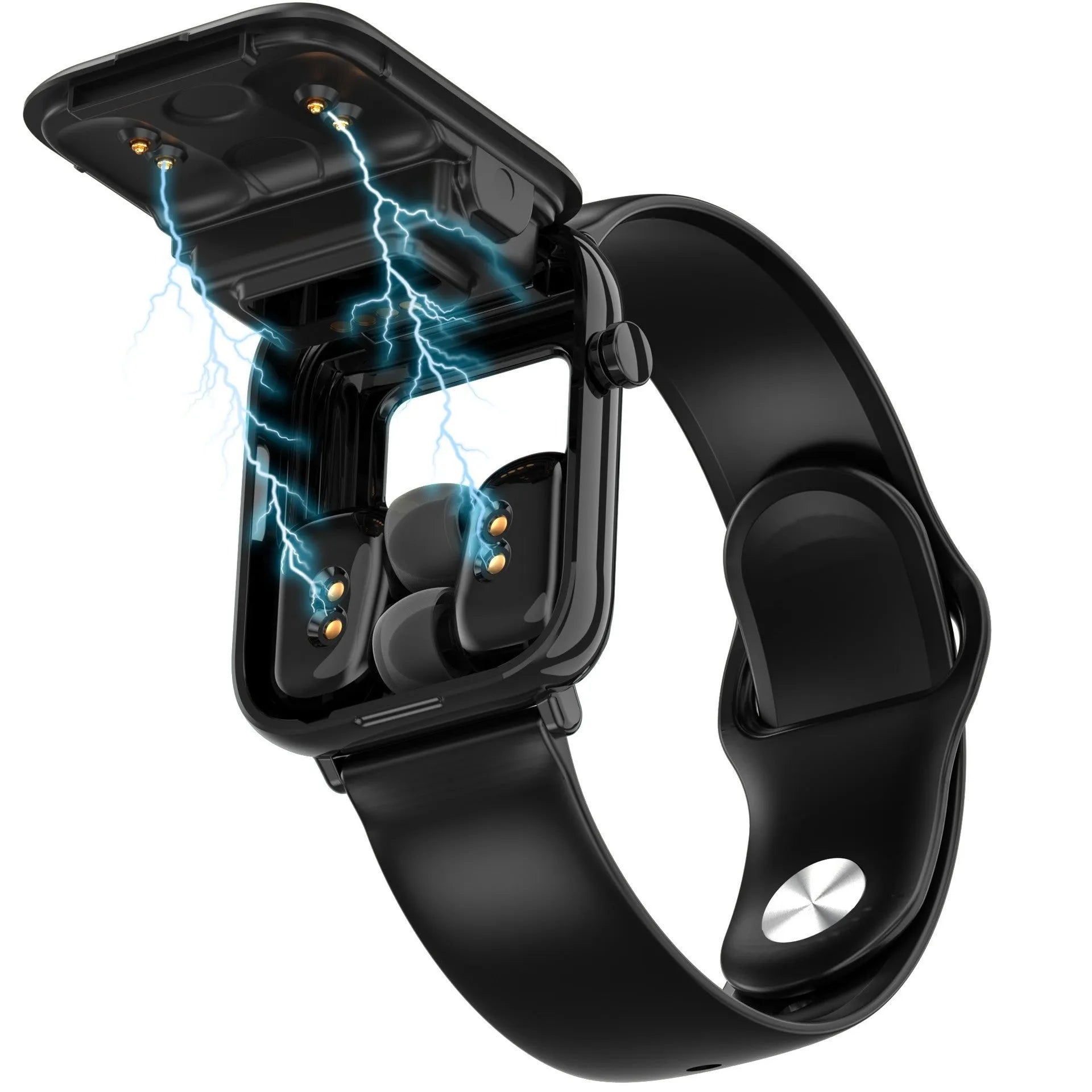 Black smartwatch with touch screen and zinc alloy body, shown with its magnetic charging case and USB cable.