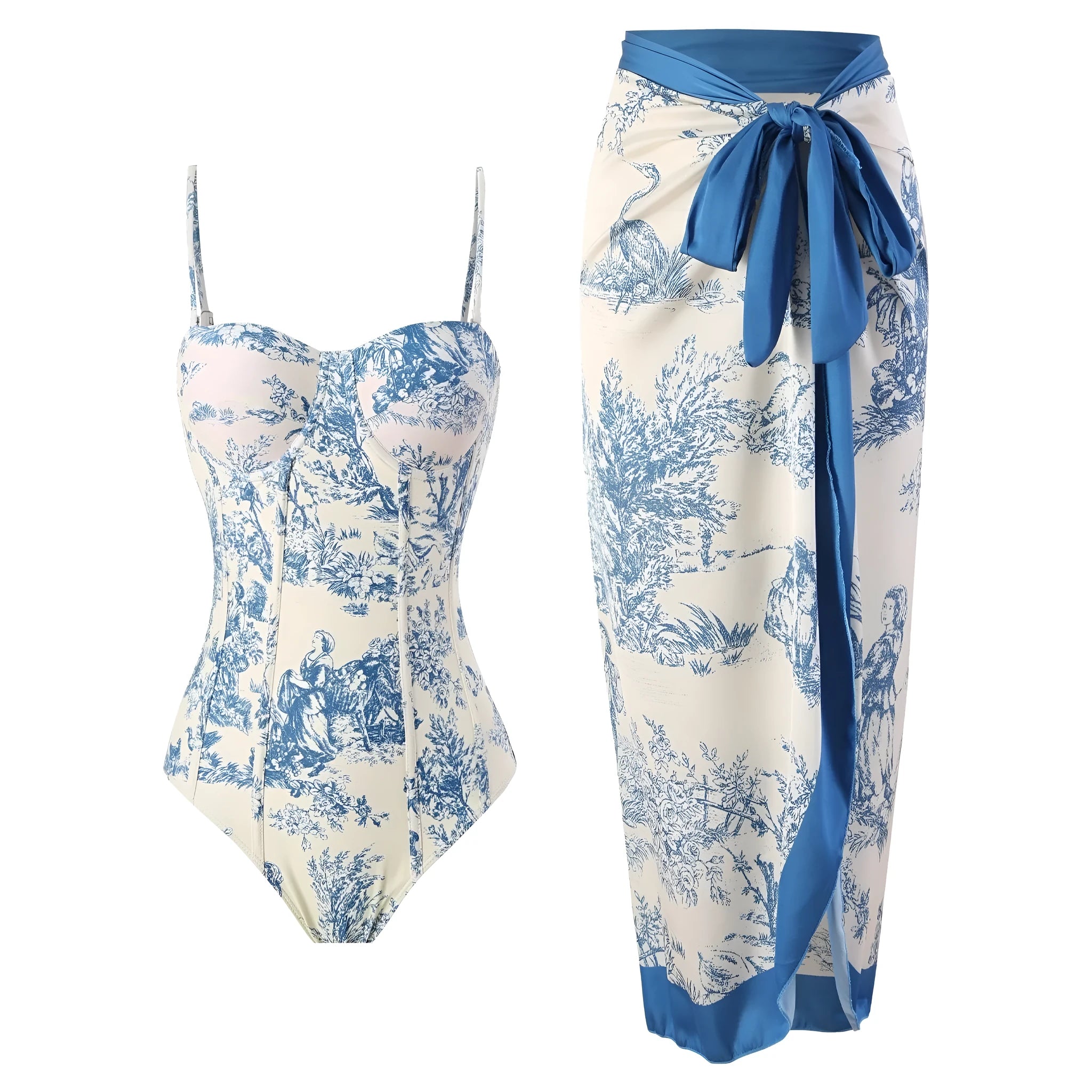 Blue patterned one-piece swimsuit for women on a mannequin, with an optional gauze skirt shown alongside.