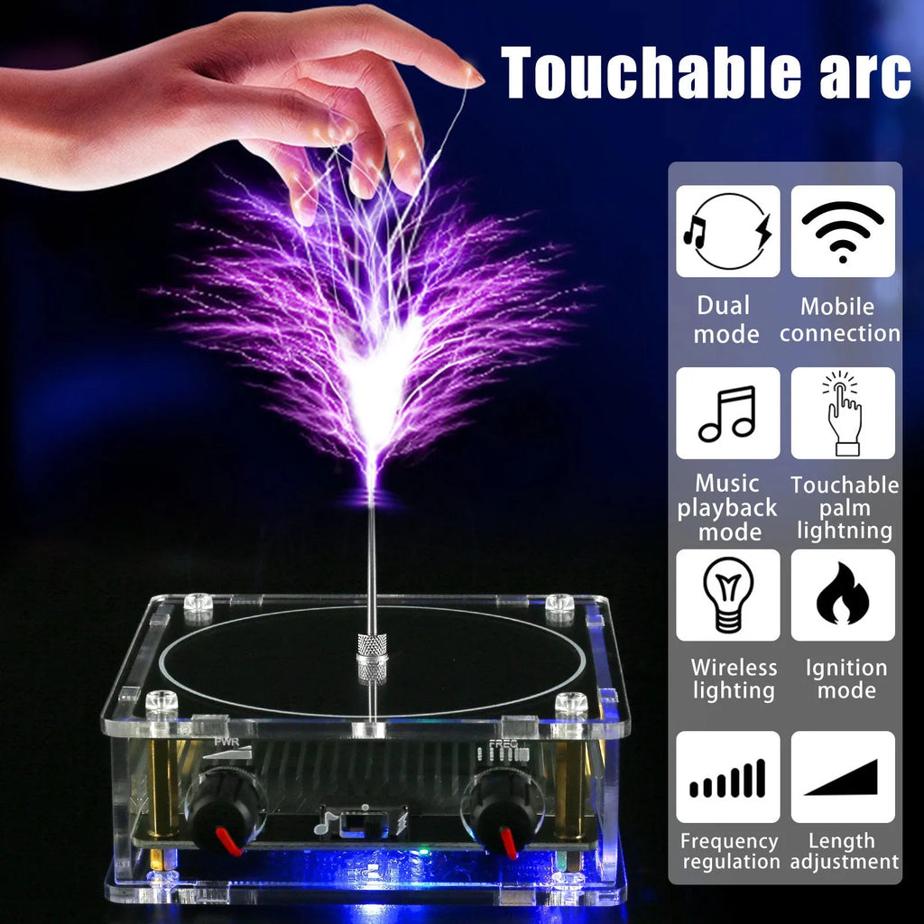 Music Tesla Coil with adjustable lightning arc, Bluetooth loudspeaker, and compact desktop design