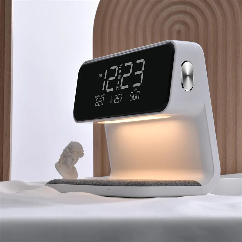 White 3-in-1 bedside lamp with wireless charging pad, LCD alarm clock display, and touch controls.