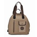 Large black nylon outdoor backpack with a front sandwich pocket, shown next to a khaki version.
