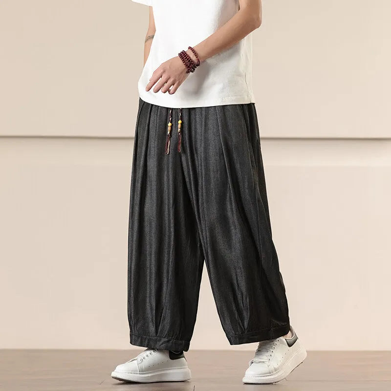 Men's retro straight-leg harem pants, cropped length, solid colour, chemical fibre blend, casual style