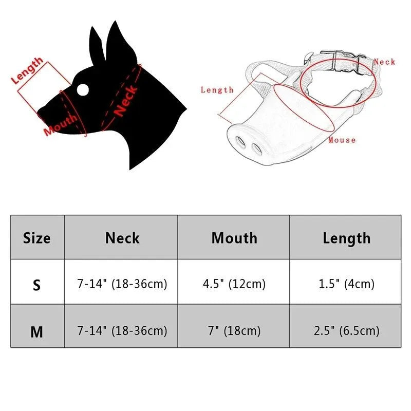 Silicone dog anti-bite mouth cover in blue and green colours showing two size options
