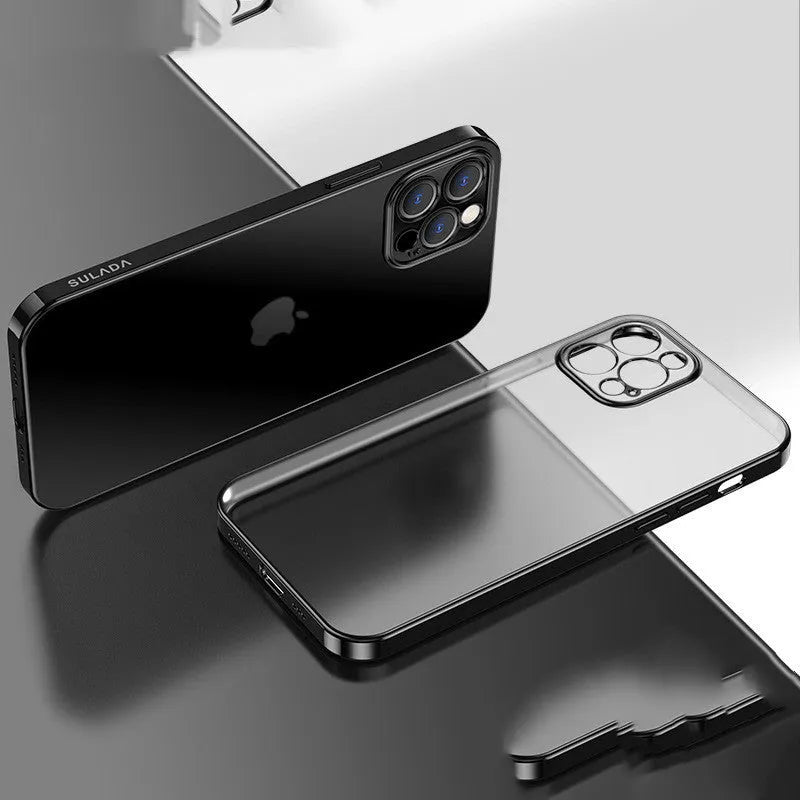 Clear matte square frame plating TPU silicone case for iPhone on a blue background.