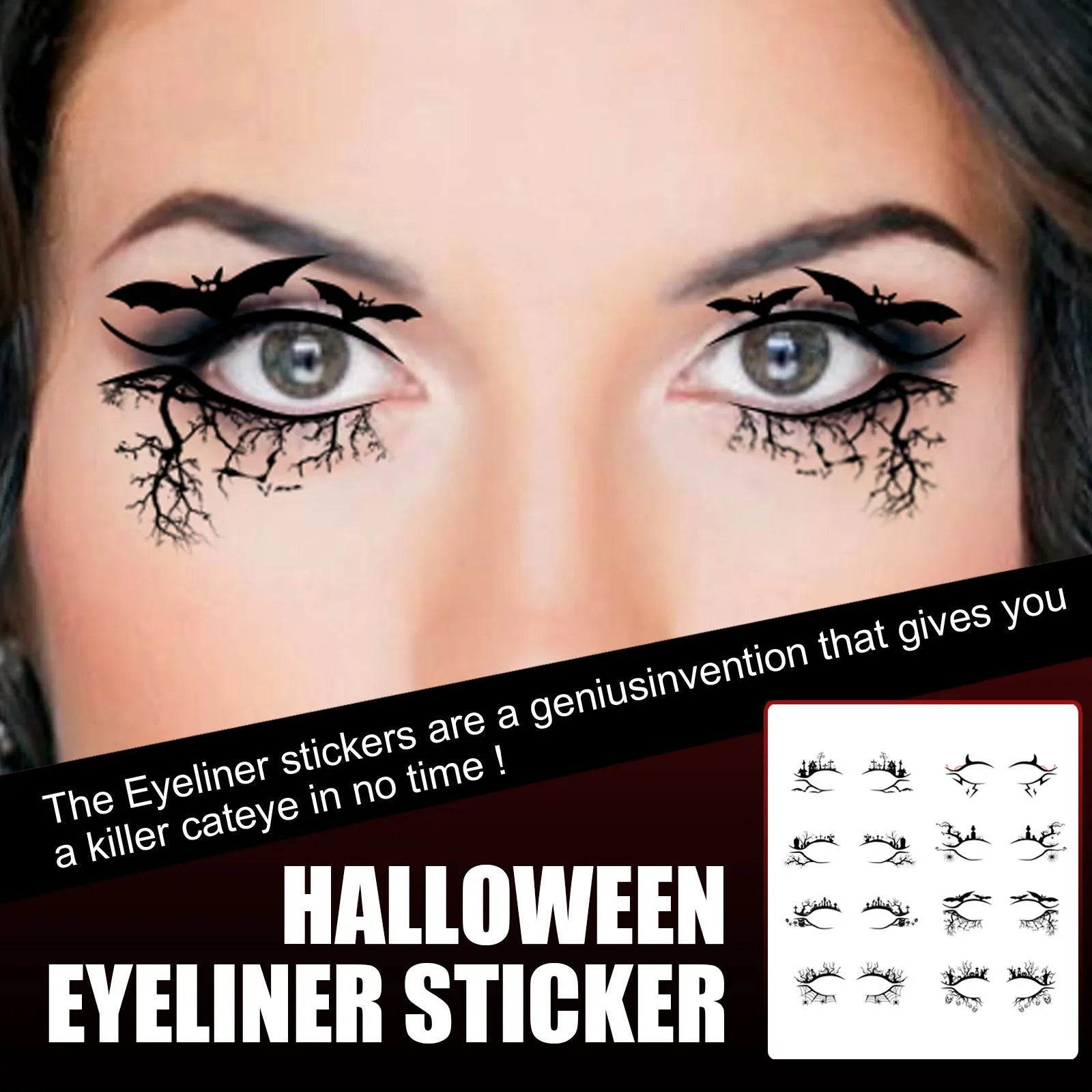 Bat and spider decorative eyeliner stickers set with 8 pairs for theatrical makeup