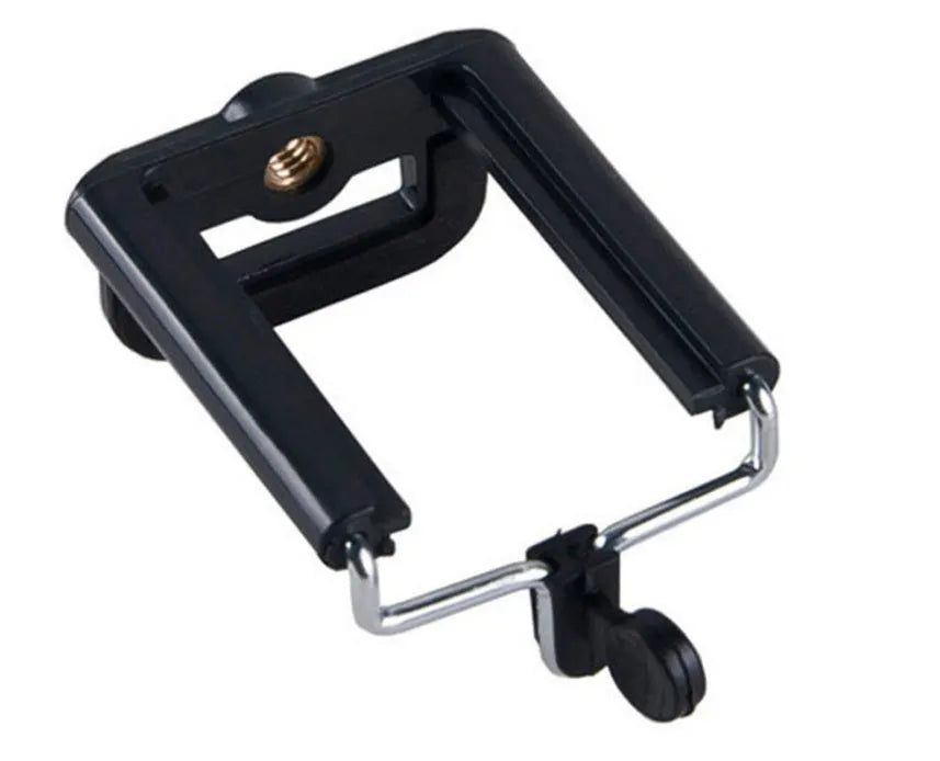 Mini flexible aluminium desktop tripod with ball head extended, alongside a universal U-shaped black phone clip.