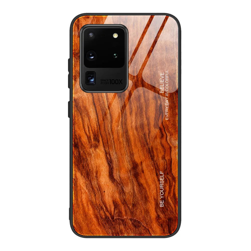 Wood grain tempered glass phone case back cover for Samsung Galaxy models with six colour options