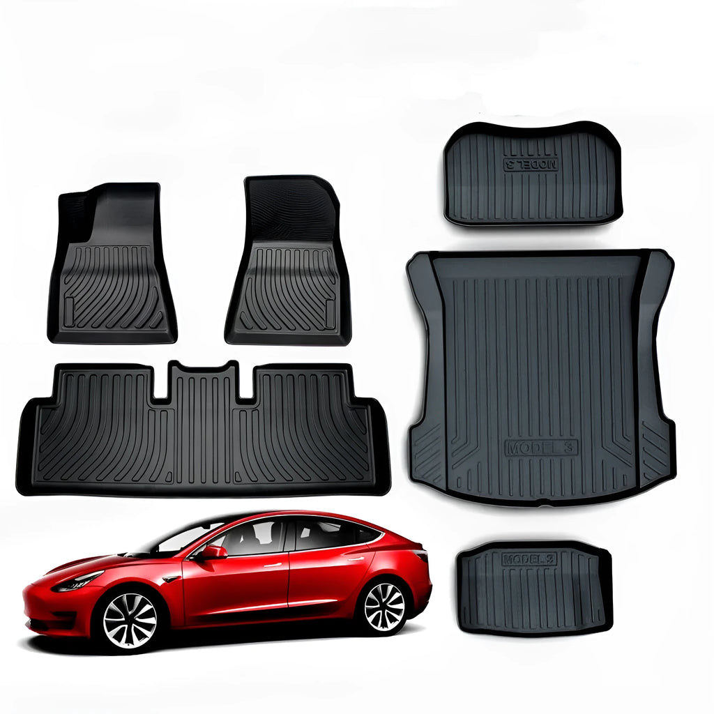 Rubber and TPE floor mat set for a Tesla car interior.