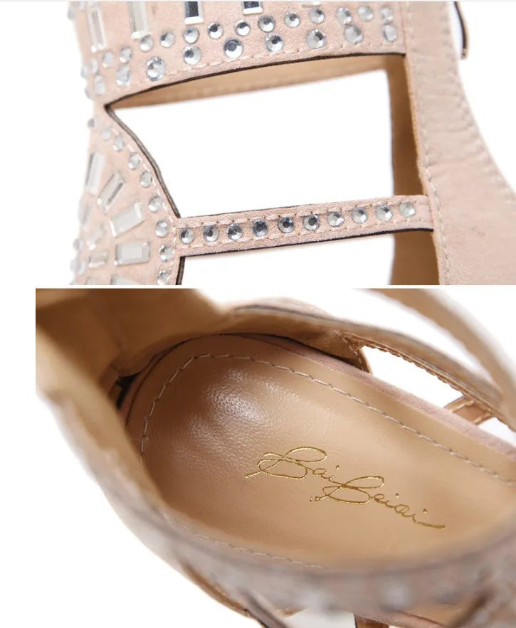 Rhinestone high heel sandals with suede upper, open toe, fine heel, back zipper, super high heel 8cm+ in apricot colour