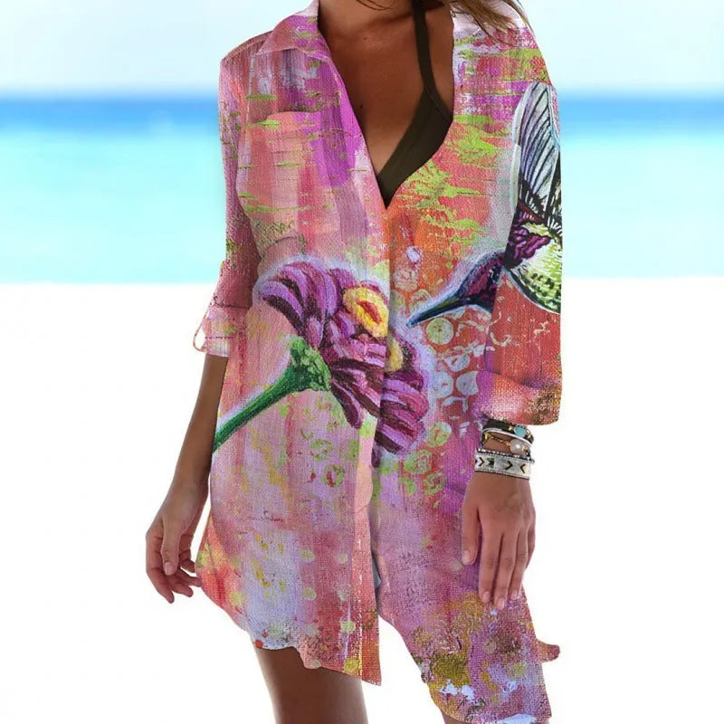 Women's slim fit long sleeve blouse with 3D bird-and-flower digital printing in polyester fabric