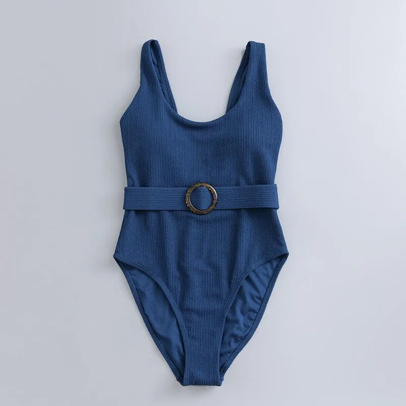 Navy blue women's one-piece swimsuit with triangle neckline, slim fit, and sleeveless design.