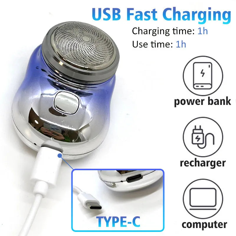 Mini portable USB rechargeable electric shaver with rotary 1-blade head, aluminium body, silver colour, wet and dry use