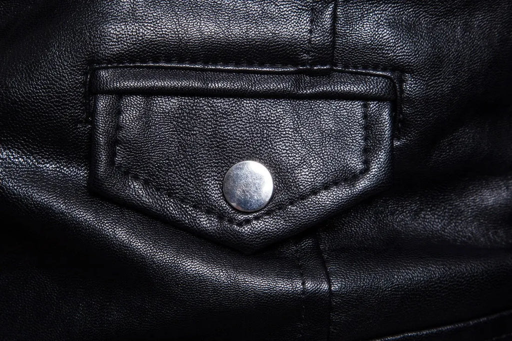 Men's black sheepskin leather jacket with suit collar and zip front, fitted style, sizes XXL to 5XL