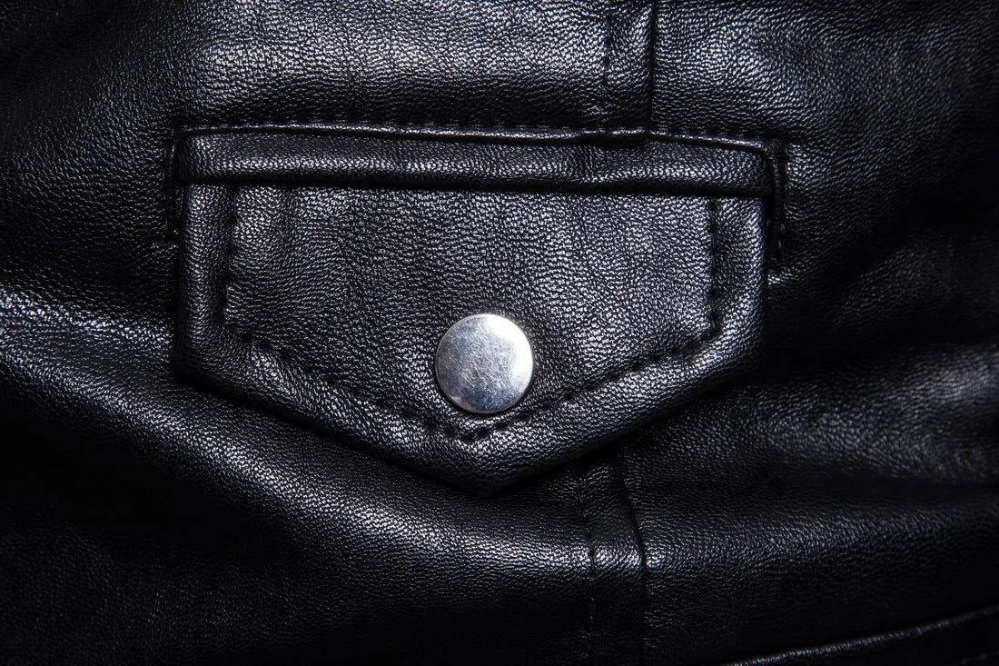 Men's black sheepskin leather jacket with suit collar and zip front, fitted style, sizes XXL to 5XL