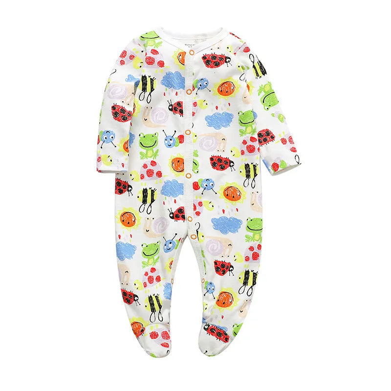 Cotton one-piece baby clothes showing dinosaur print and size options