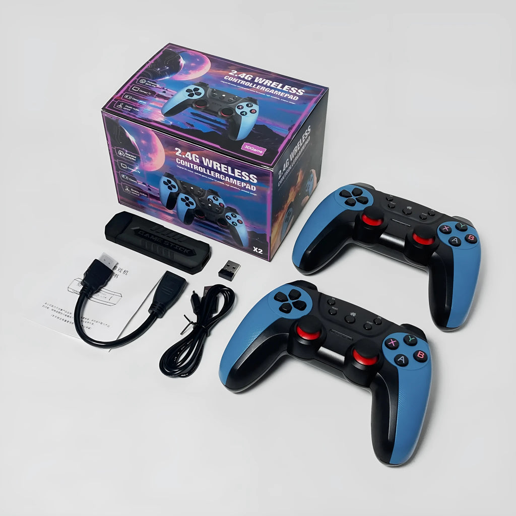 X2 Blue game console with two wireless handles and HDMI cable on a white background