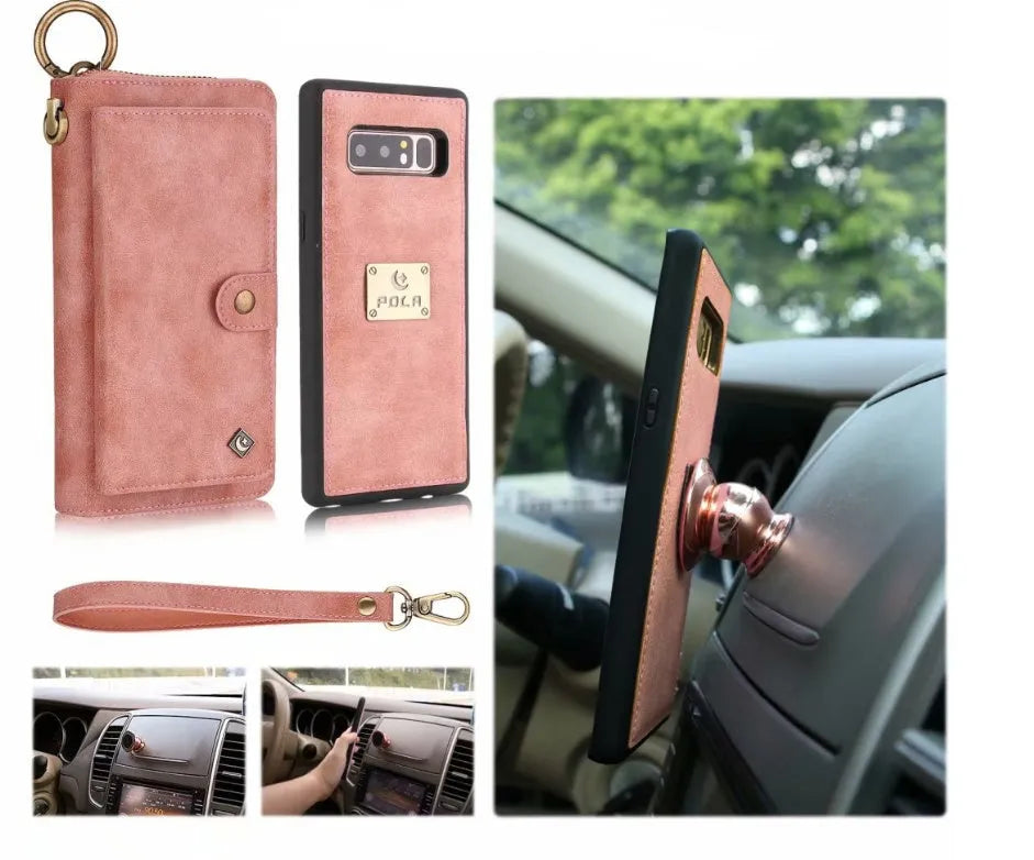 Black imitation leather phone case with a zippered wallet compartment, shown next to a credit card.