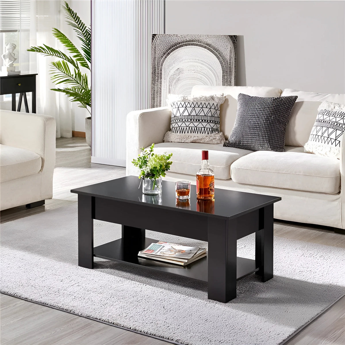 Black lift-top plate type tea table for living room and office, multi-function modern simplicity design