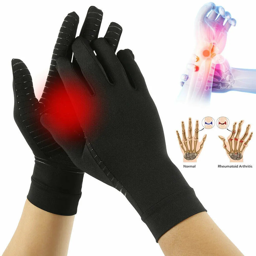 Black copper fibre compression gloves for hand support, full finger, XL size 27-29cm palm