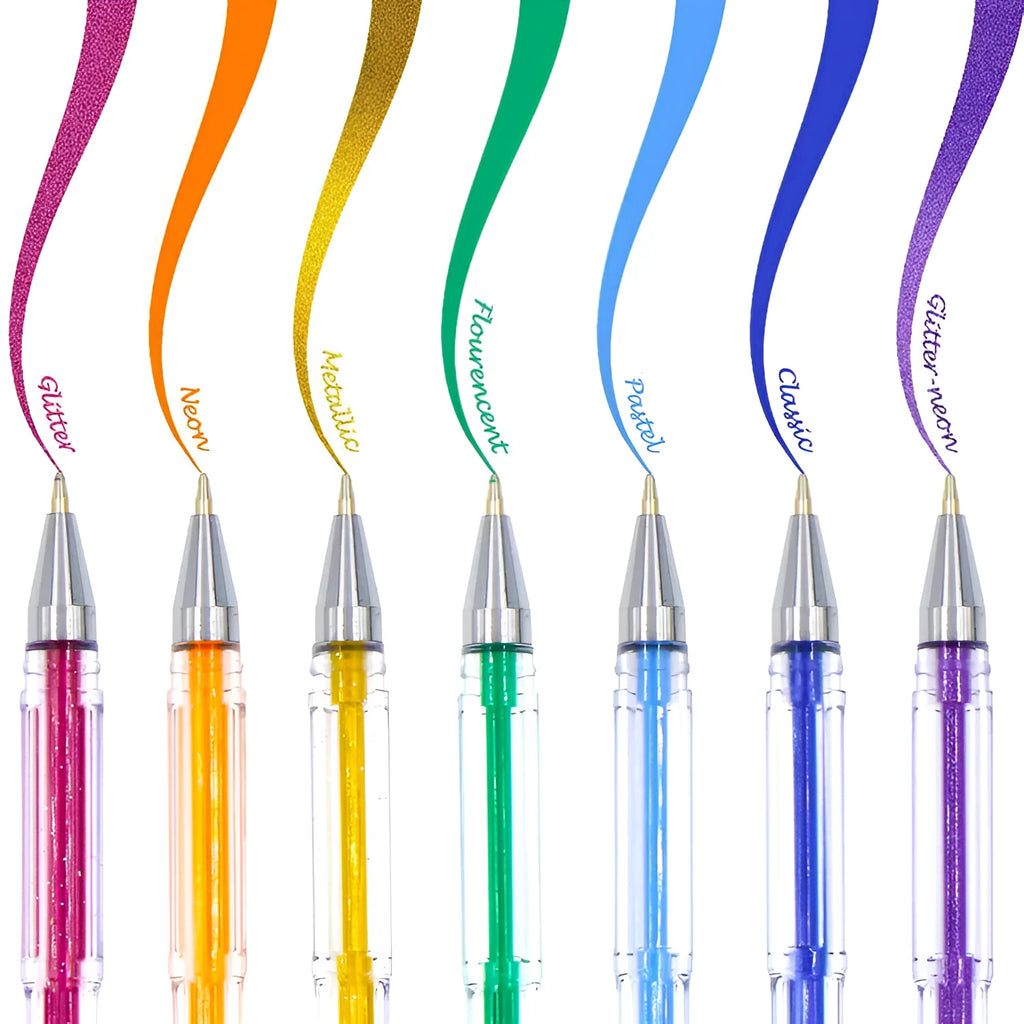 Set of 100 multicoloured gel pens with plastic barrels, showing fine and broad tips, arranged in a case.