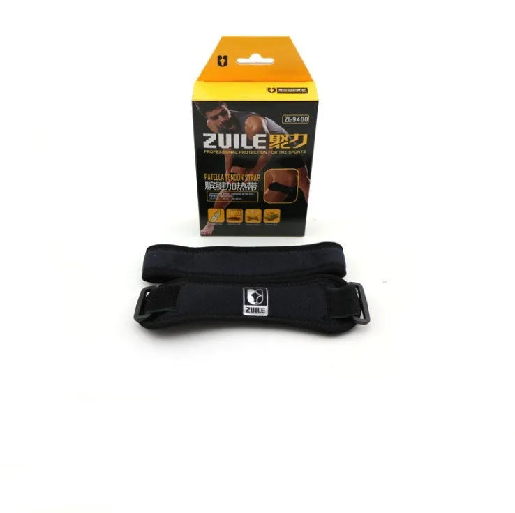 Black adjustable patella support band with sponge pad and plastic buckle for adults
