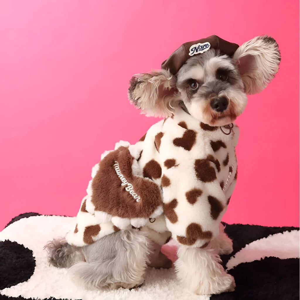 Plush polyester dog coat with backpack in red or coffee, sizes XS to XXL, general fit pet clothing