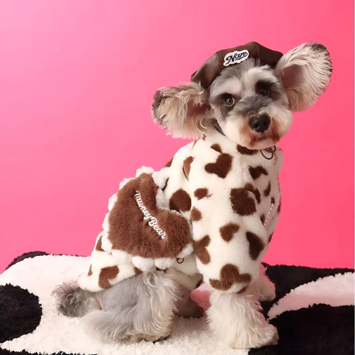 Plush polyester dog coat with backpack in red or coffee, sizes XS to XXL, general fit pet clothing