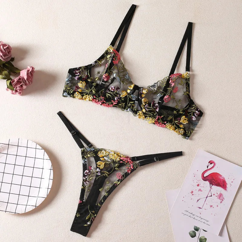 Floral patterned mesh bra with steel ring on T-back strap, shown in skin colour.