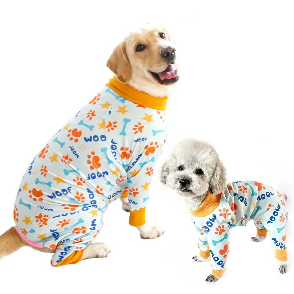 Cotton dog jumpsuit with four-legged coverage in multiple colour options