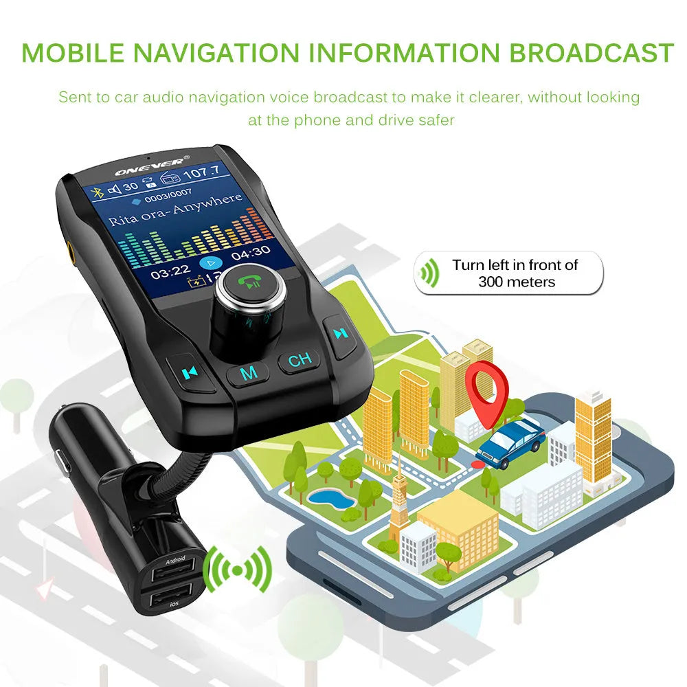 Black car FM transmitter with colour screen and dual USB ports plugged into a car dashboard