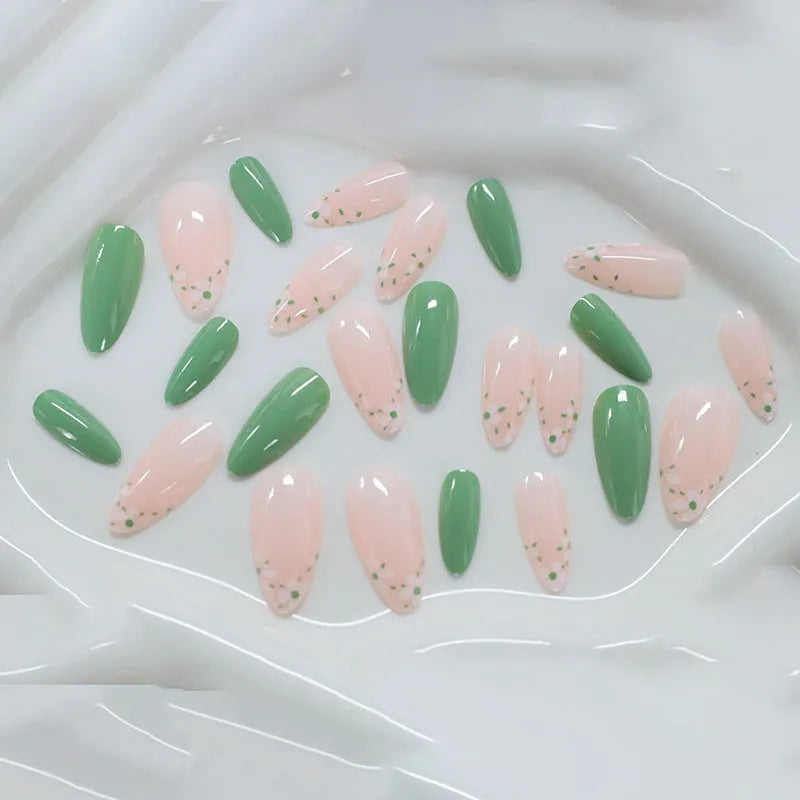 New Simple Fake Nails Set White Little Flower Long Green Section Almond Shaped Wearable Nail Art for Ladies Black Jelly Glue Rub Yellow Jelly Glue Rub Colour CW680