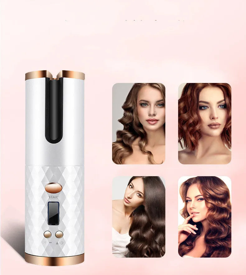 Rechargeable automatic hair curler with LCD display in black, pink, pink-grey, or white.