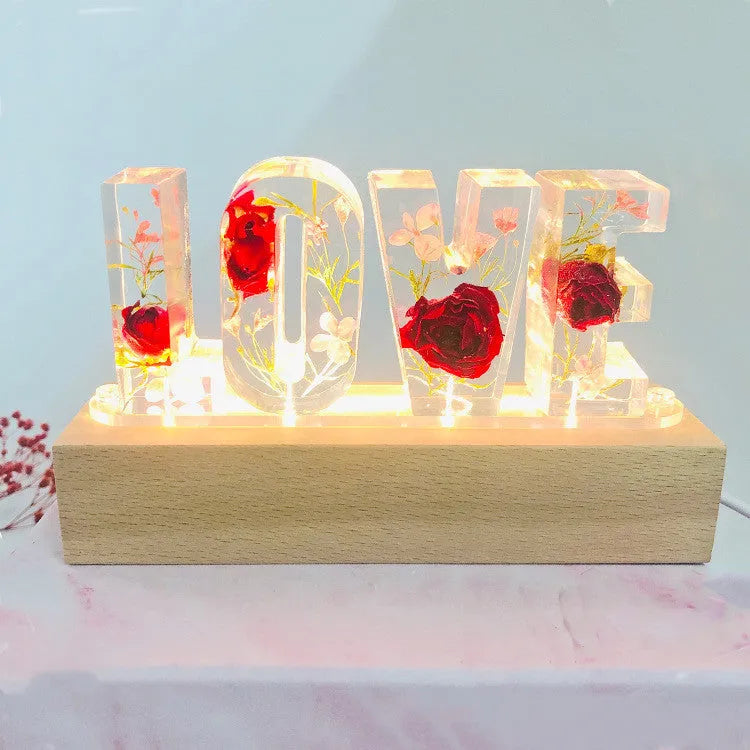 Creative dried flower night light LOVE letter table lamp with wood lampshade, LED warm light, and rose flowers