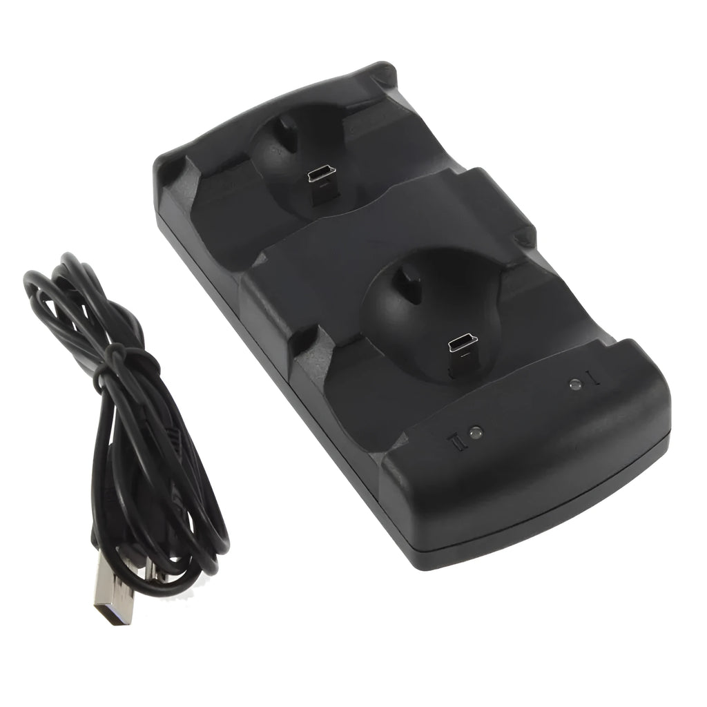 Black PS3 dual charging dock holding two wireless controllers, connected to a PlayStation 3 console with a single USB cable.