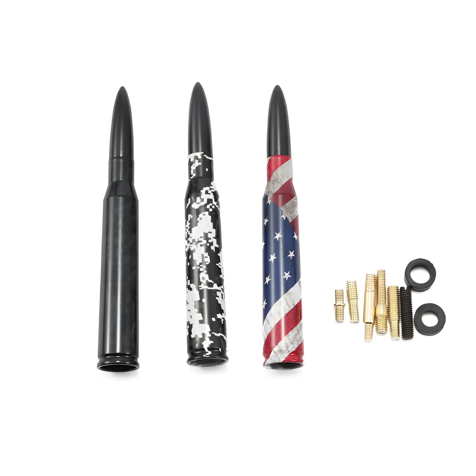 14cm long bullet car antenna in black, camouflage green, and American flag design options