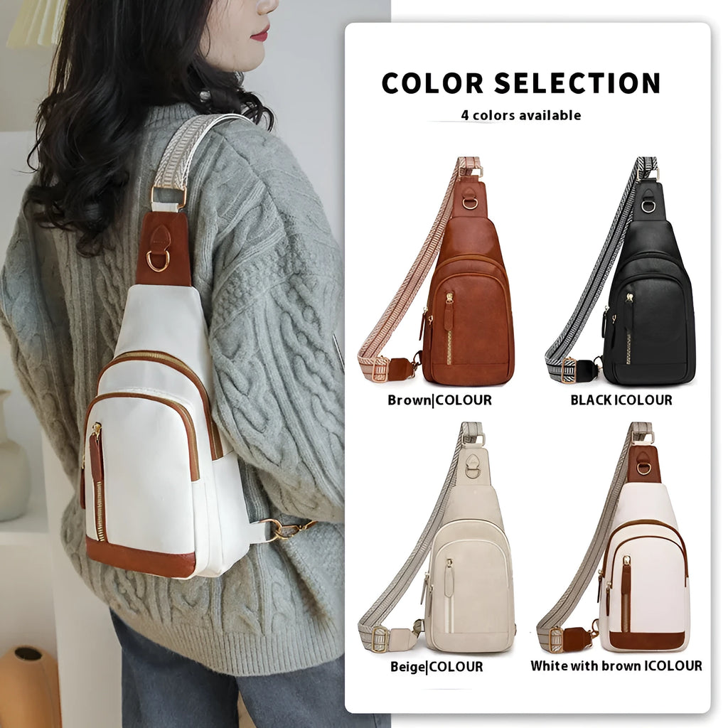 Women's soft brown PU messenger chest bag with crossbody strap and zip compartments.