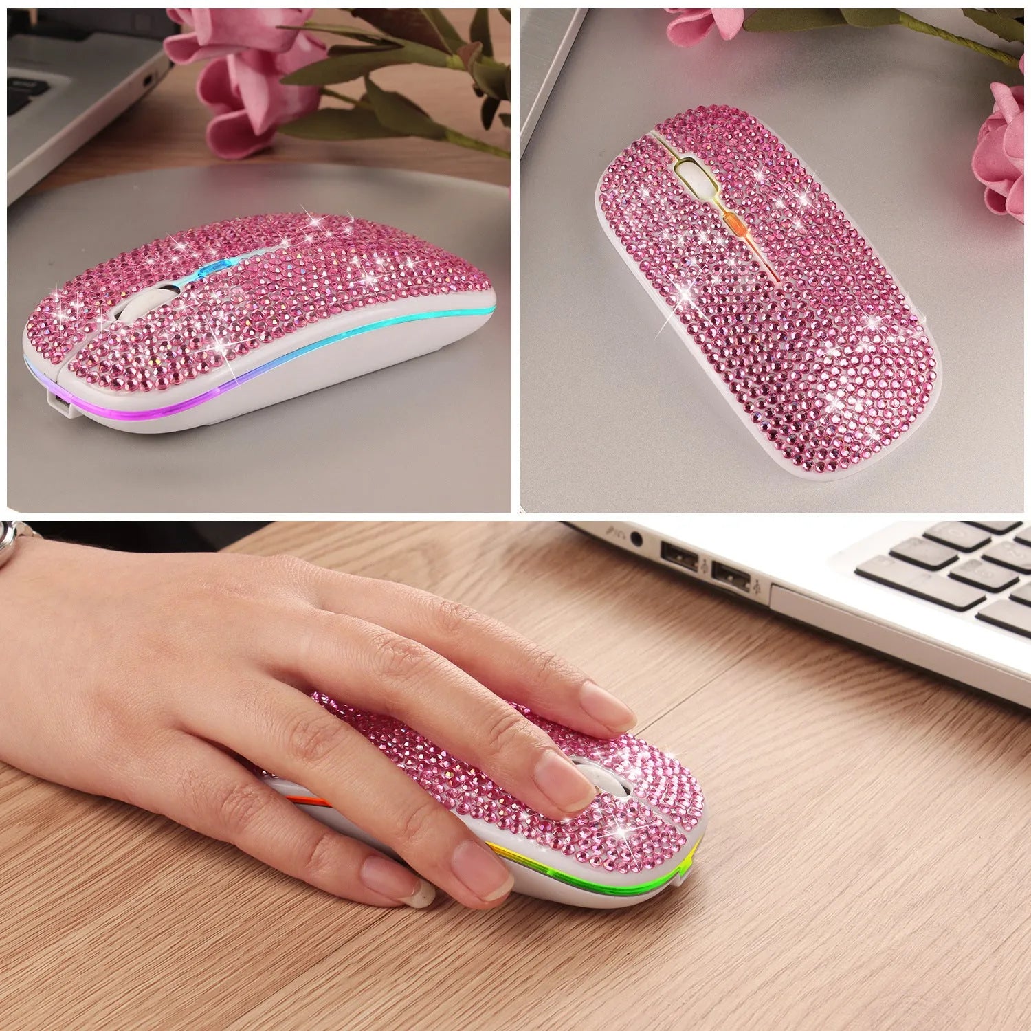 Office rechargeable mute crystal rhinestone mouse with USB receiver, pink colour, 113x60x20mm size