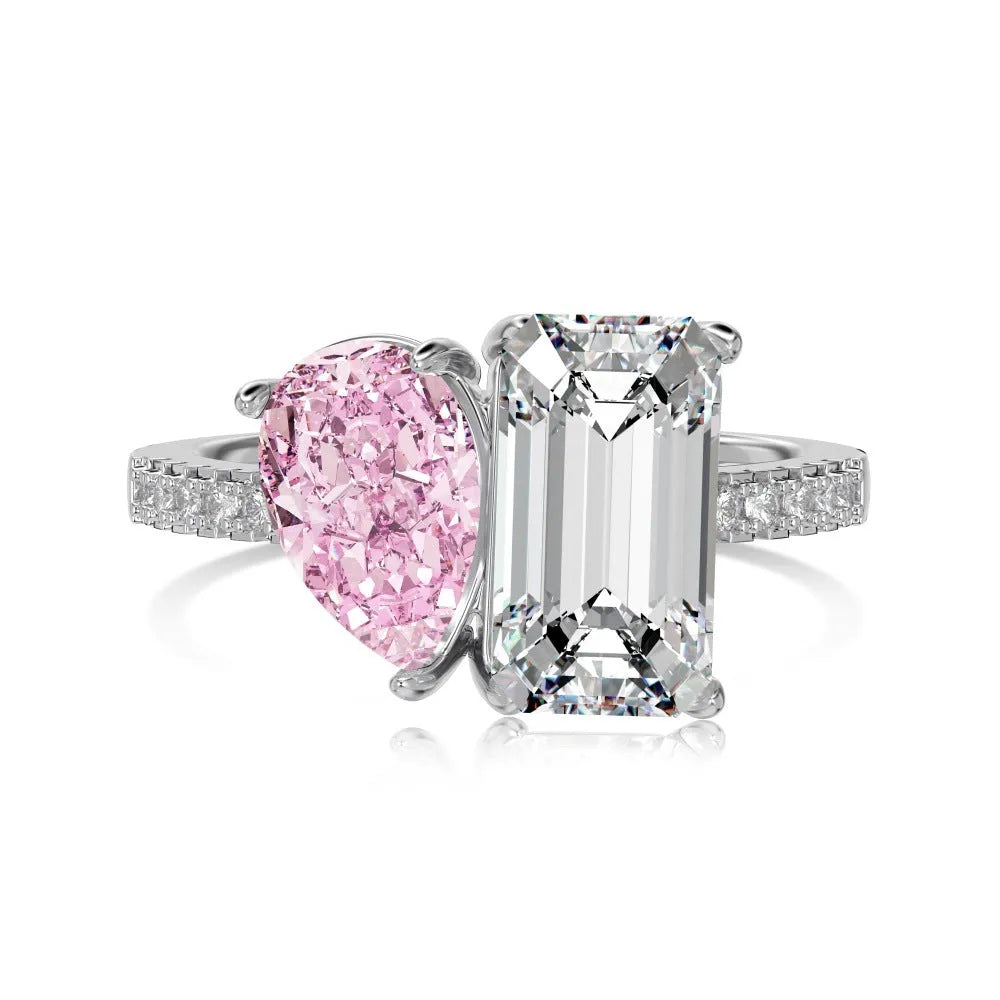 S925 sterling silver double main stone ring for women, geometric shape, sizes 6 to 9