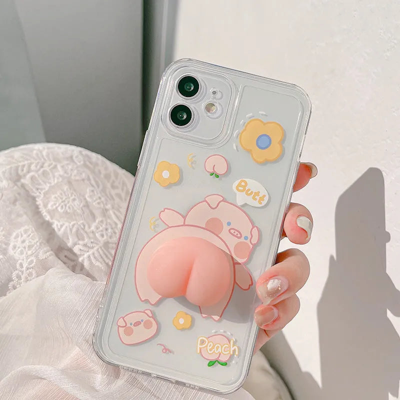 Silicone phone case with raised pig butt design and pinch music control feature