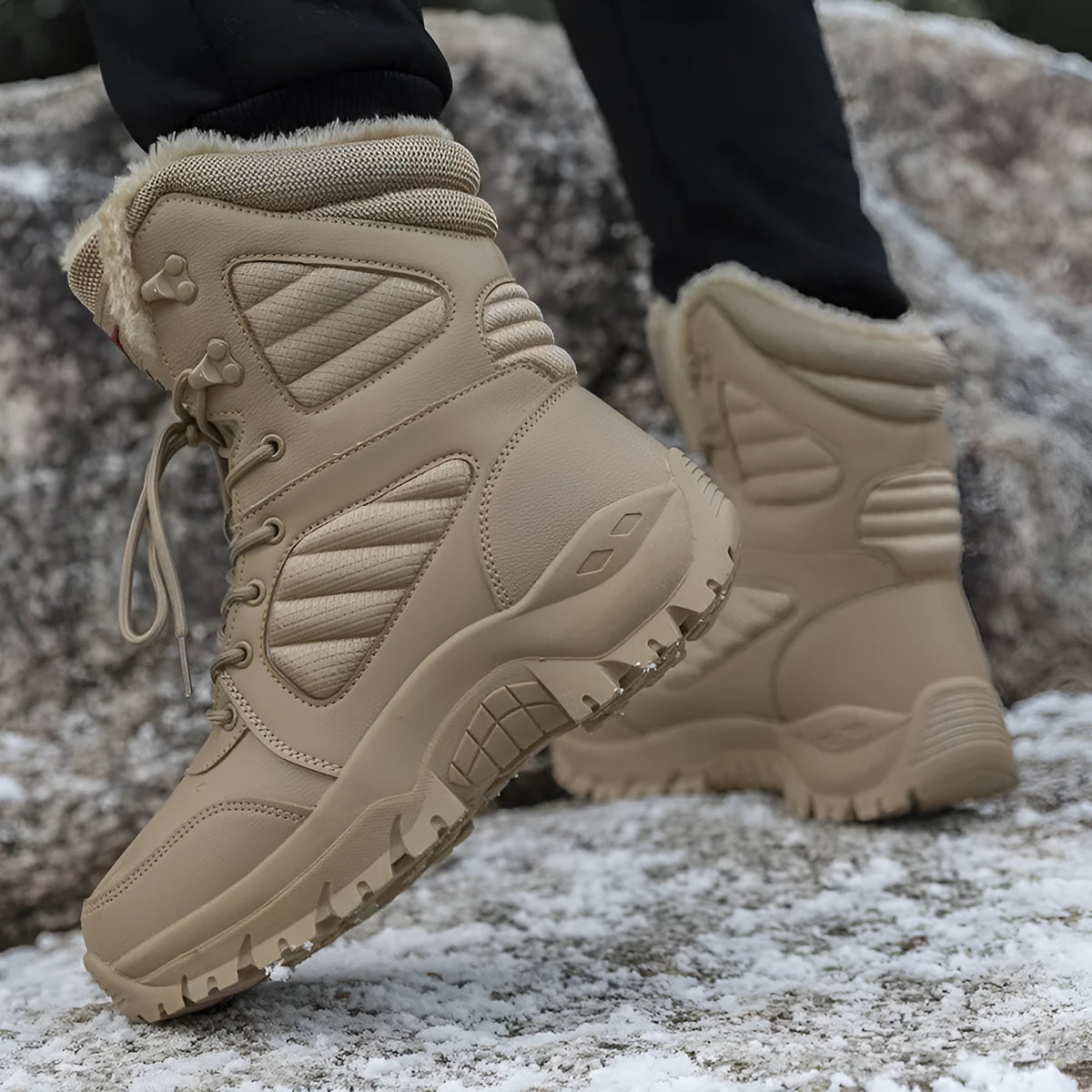 Men's brown and black snow boots with rubber sole, elastic band, and cotton lining, sizes 39-46