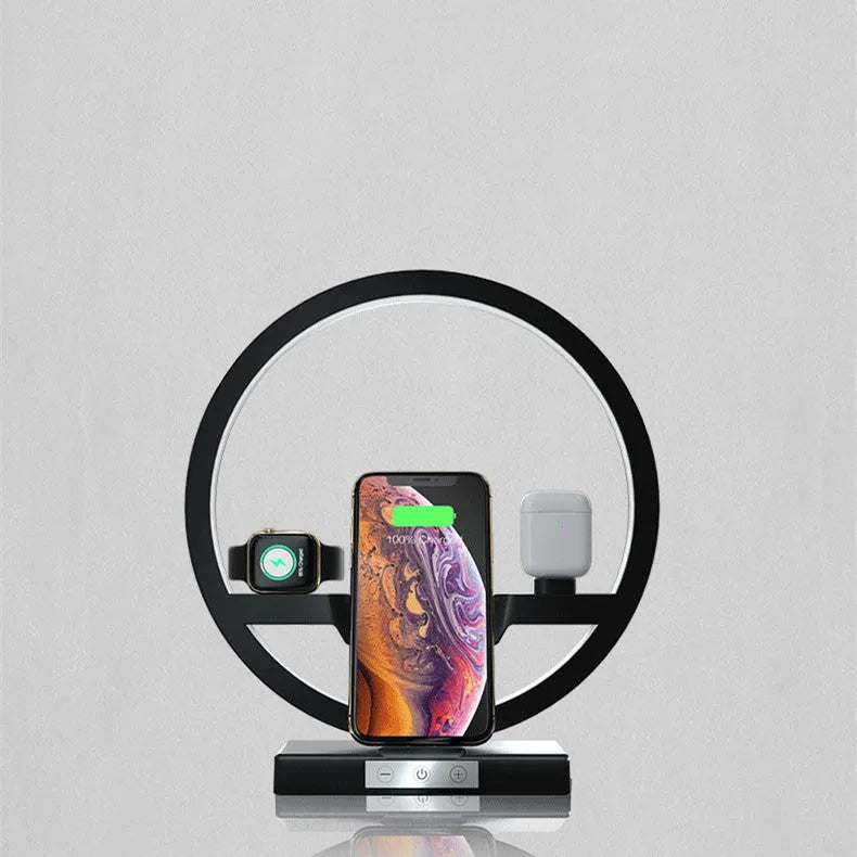 3 in 1 wireless charger stand with table lamp for phone watch and headset in black