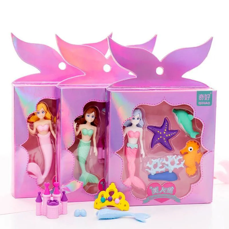 Flower Fairy eraser set with 12 TPR erasers in Flower Fairy and Mermaid designs measuring 14x13cm
