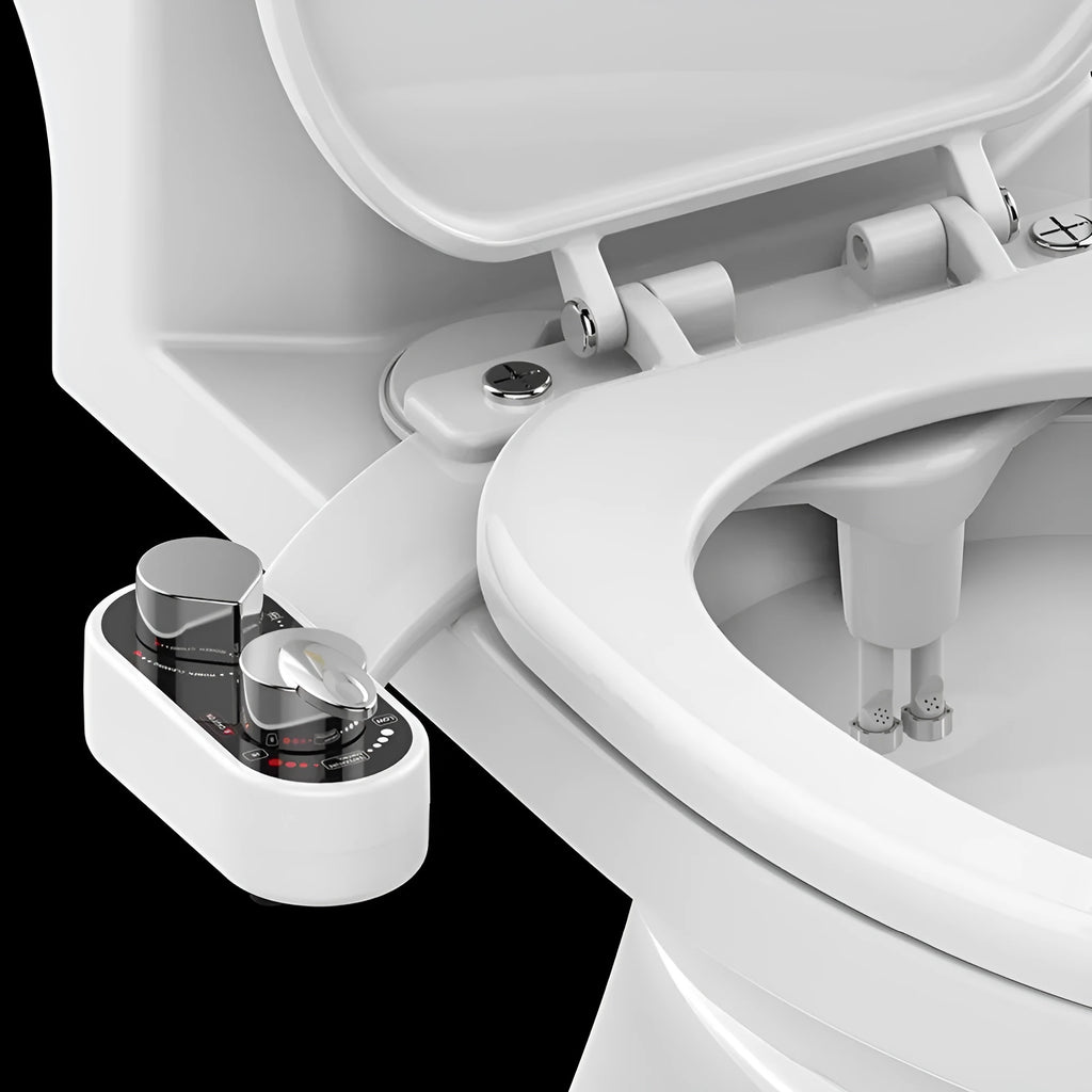 Self-cleaning bidet toilet spray attachment with dual nozzles and heated seat