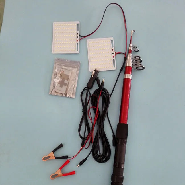 White LED fishing rod light with remote control on telescopic pole for night fishing and outdoor lighting
