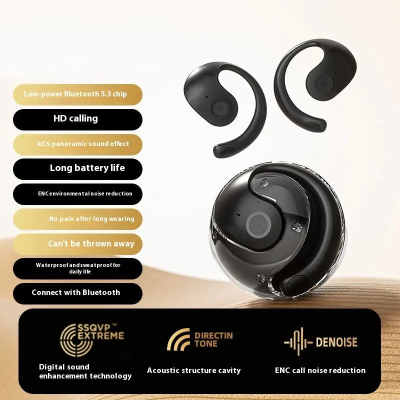AI translation bone conduction Bluetooth headset in black with ear hook design, PC ABS body