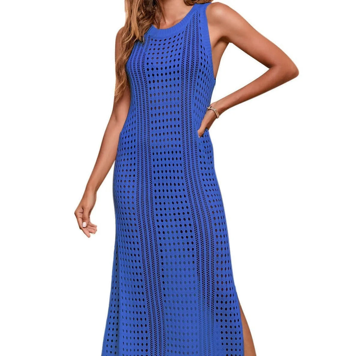Women's long loose beach knitted blouse with hollow-out design in solid colour