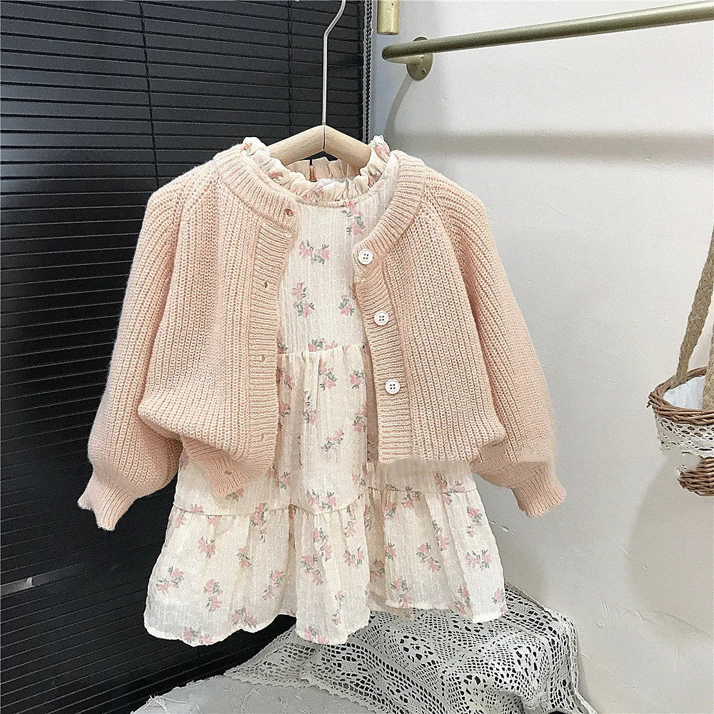 Girls' pink mohair puff sleeve knitted cardigan and orange chiffon dress set, Korean style, sizes 90cm to 140cm