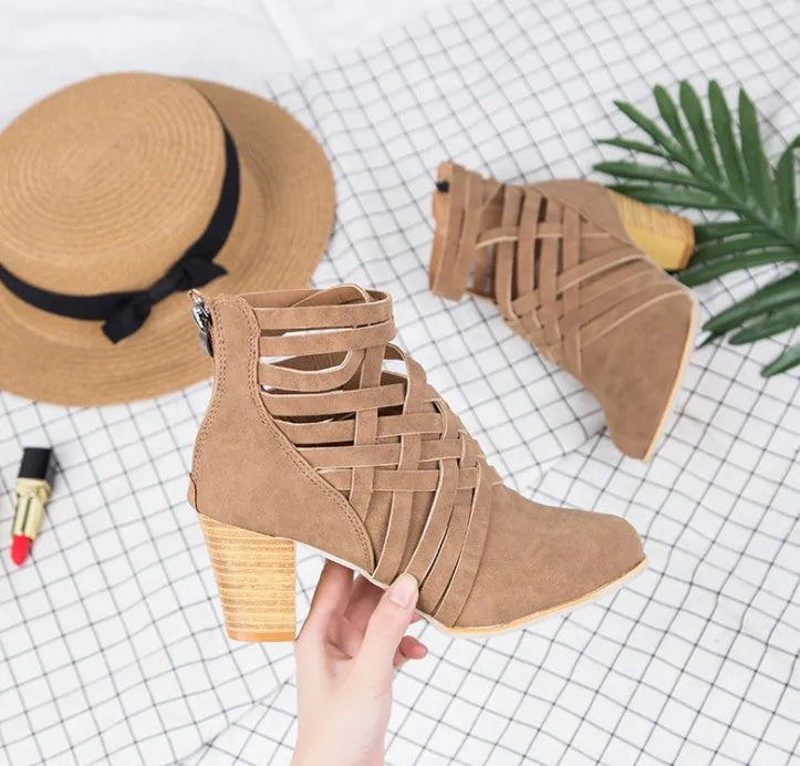 Women's pointed thick heel hollow short boots in suede with back zipper, 6-8cm heel, round toe