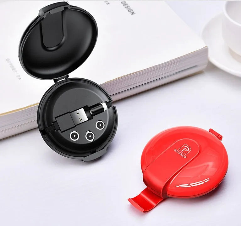 Black magnetic 3-in-1 car phone charger with retractable cable and vehicle mounting patch
